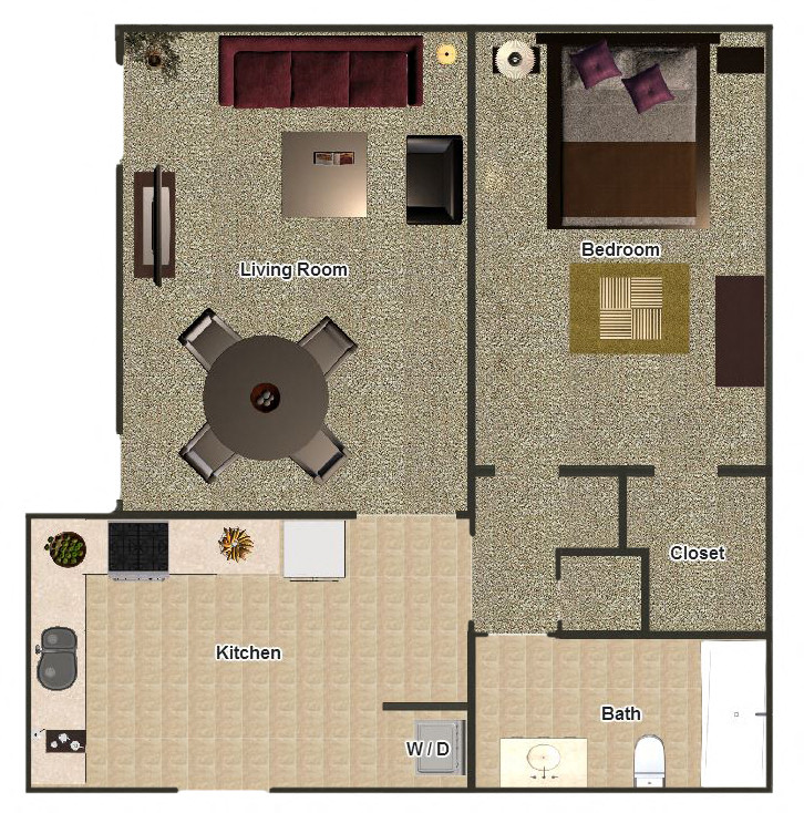 Floor plan for 1 bed, 1 bath, 685 sqft